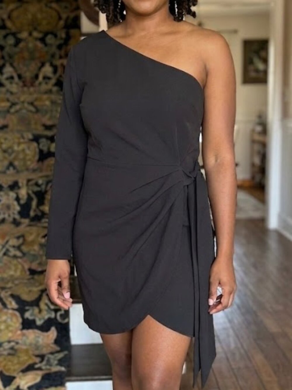 Gianni Bini One Shoulder Long Sleeve Tie Waist Little Black Dress Womens Size 10